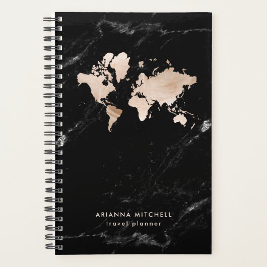 ライト金ゴールドの世界地図（黒大理石） プランナー手帳 (正面)