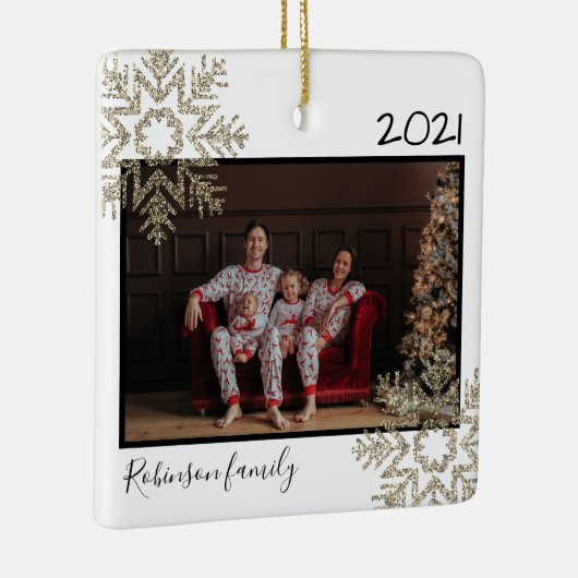 ライト金ゴールドグリッタースノーフレークファミリーホワイト セラミックオーナメント (右)