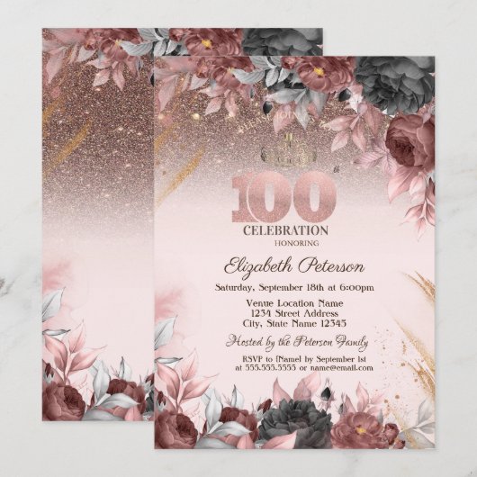 ライト、おしゃれな花の輝き 100歳の誕生日 招待状 (正面/裏面)