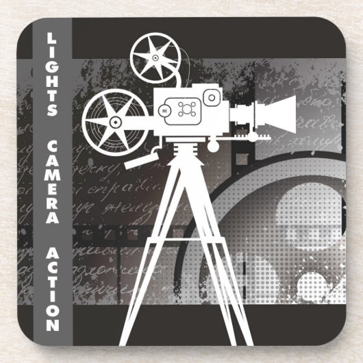 ライト、カメラ、アクション映画のテーマのプラスチックコースター コースター (正面)