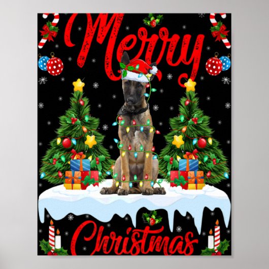 ライト クリスマスツリー サンタ ベルジアンマリノア 犬 キリスト ポスター (正面)