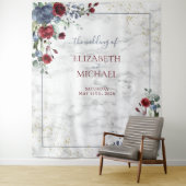 ライト ダスティ ブルー バーガンディ フローラル ゴールド ウェディング タペストリー (インサイチュ)