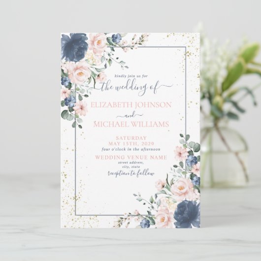 ライト ダスティ ブルー ブラッシュ ピンク ゴールド フラワーフォト 招待状 (スタンド正面)