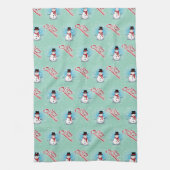 ライト・ティール地に伝統的な雪だるまのクリスマス キッチンタオル (縦)