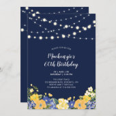 ライト&ネイビーブルーフローラ大人の誕生日パーティー 招待状 (正面/裏面)