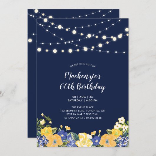 ライト&ネイビーブルーフローラ大人の誕生日パーティー 招待状 (正面/裏面)