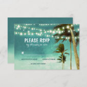 ライト&パームツリービーチティール（緑がかった色）ウェディングRSVPカード 出欠カード (正面/裏面)