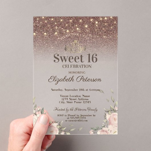 ライト ピンクの花 きらめくSweet 16 アクリル招待状 (インサイチュ (ポータブル))