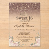 ライト ピンクの花 きらめくSweet 16 アクリル招待状 (正面)