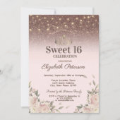 ライト ピンクの花 きらめくSweet 16 招待状 (正面)