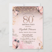 ライト、フラワーピンク蝶80誕生日 招待状 (正面)
