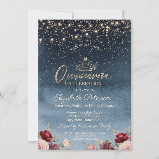 ライト、ブルゴーニュの花ネイビーブルーキンセアニラ 招待状 (正面)