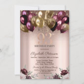 ライト、ブルゴーニュグリッターバルーン93誕生日 招待状 (正面)