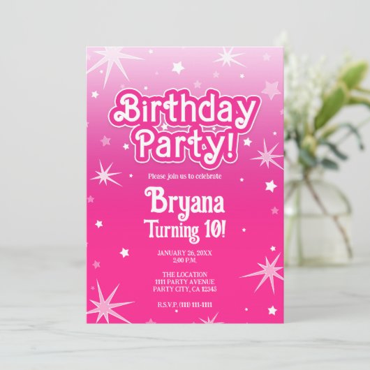 ライト&ホットピンクスパークルスターズ誕生日パーティー 招待状 (スタンド正面)