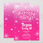 ライト&ホットピンクスパークルスターズ誕生日パーティー 招待状 (正面/裏面)