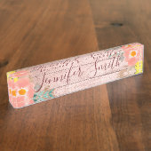 ライト ローズ ゴールド ラスティック ウッド ウォーターカラー フラワーズ デスクネームプレート (側面)