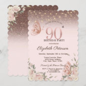  ライト、花の輝き蝶々 90歳の誕生日 招待状 (正面/裏面)