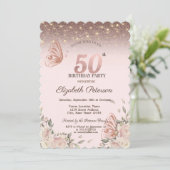 ライト、花グリッター蝶50誕生日 招待状 (スタンド正面)