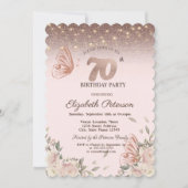 ライト、花グリッター蝶70誕生日 招待状 (正面)