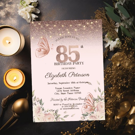 ライト、花グリッター蝶85誕生日 招待状