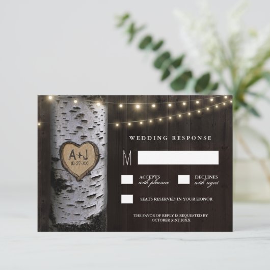 ライト + RSVPカードを結婚する切り分けられた樺の木 出欠カード (スタンド正面)