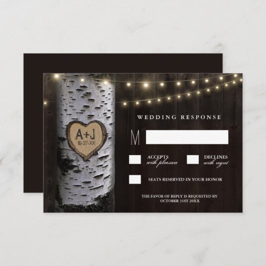 ライト + RSVPカードを結婚する切り分けられた樺の木 出欠カード (正面/裏面)