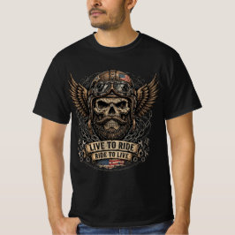 ライドするために生き、生きるためにライド 髭のドクロ アメリカン・バイカー Tシャツ