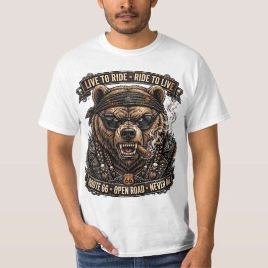 ライドするために生き、生きるためにライド Route 66 バイクに乗るクマ Tシャツ (正面)