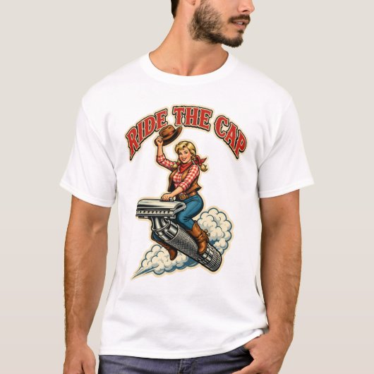 ライド・ザ・キャップ – ビンテージカウガール濡れ髭剃り Tシャツ (正面)