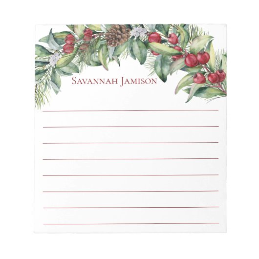 ライニングされたモミの枝、ホリーベリー、ホリー葉ズ ノートパッド (正面)