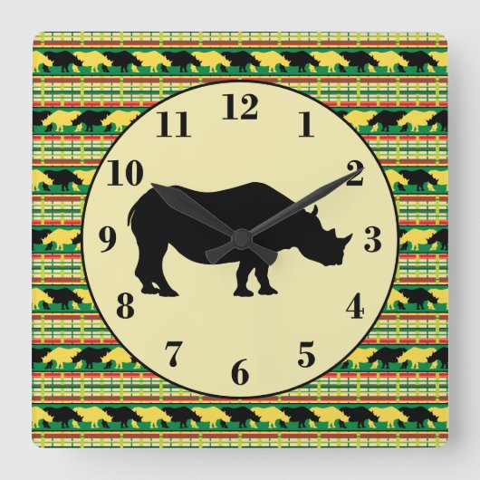 ライノセロスサファリウィーブパターンとシルエット スクエア壁時計 (正面)