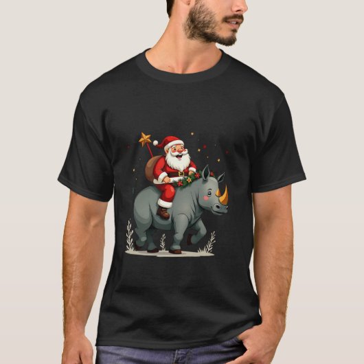 ライノセロス恋人クリスマスサンタライディングライノクリスマス Tシャツ (正面)
