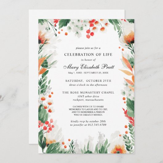 ライフお祝いオレンジホワイトフローラ葬儀 招待状 (正面/裏面)