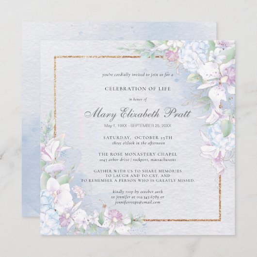 ライフお祝いダスティブルーとホワイトフローラ 招待状 (正面/裏面)