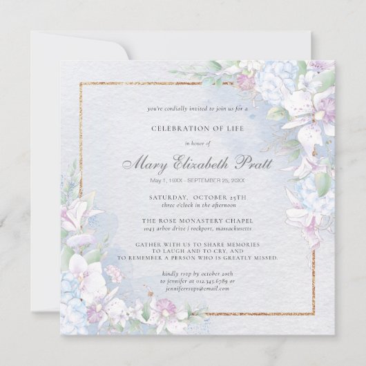 ライフお祝いダスティブルーとホワイトフローラ 招待状 (正面)