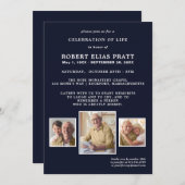 ライフお祝いダークブルーホワイト3枚の写真 招待状 (正面/裏面)