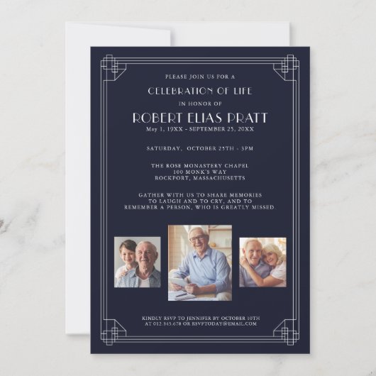 ライフお祝いダークブルー白3 Photo Invita 招待状 (正面)