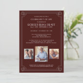 ライフお祝いバーガンディーレッドホワイト3枚の写真 招待状 (スタンド正面)