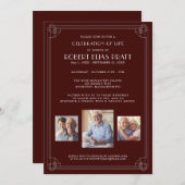 ライフお祝いバーガンディーレッドホワイト3枚の写真 招待状 (正面/裏面)