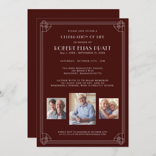 ライフお祝いバーガンディーレッドホワイト3枚の写真 招待状 (正面/裏面)