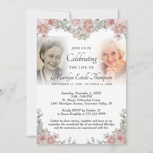 ライフお祝いピンクフローラフォト招待状 招待状 (正面)