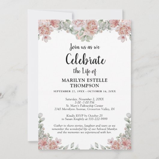 ライフお祝いピンクフローラ記念写真 招待状 (正面)