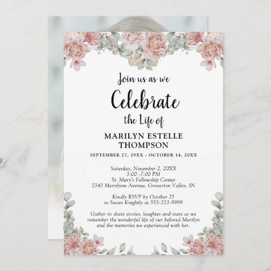 ライフお祝いピンクフローラ記念写真 招待状 (正面/裏面)