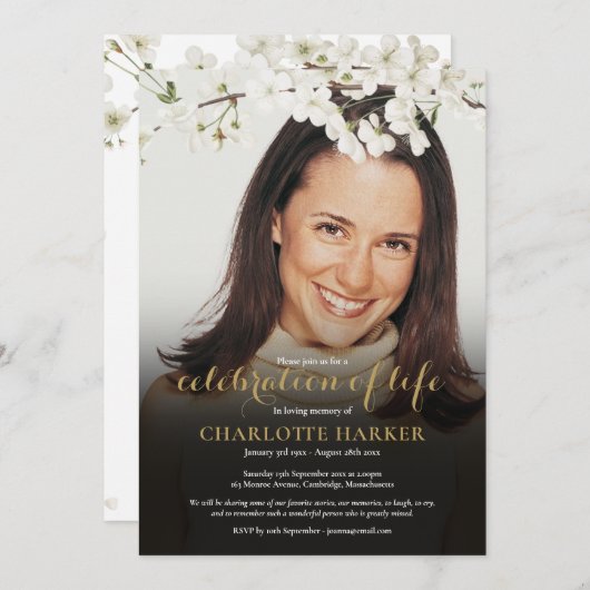 ライフお祝いフローラ白花写真 招待状 (正面/裏面)