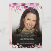 ライフお祝いフローラ赤面ピンク写真 招待状 (正面/裏面)
