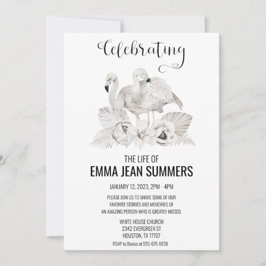 ライフお祝いホワイトフラミンゴボホトロピカル 招待状 (正面)