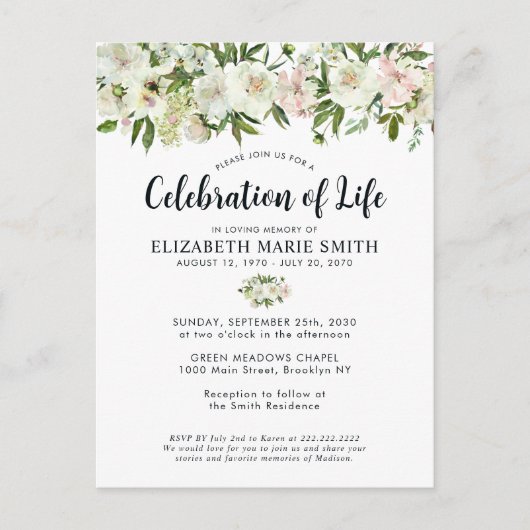 ライフお祝いホワイトフローラ葬儀記念 ポストカード (正面)