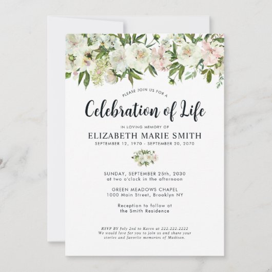 ライフお祝いホワイトフローラ葬儀記念 招待状 (正面)