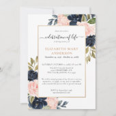 ライフお祝いメモリアルピンクネイビーブルー金ゴールド 招待状 (正面)