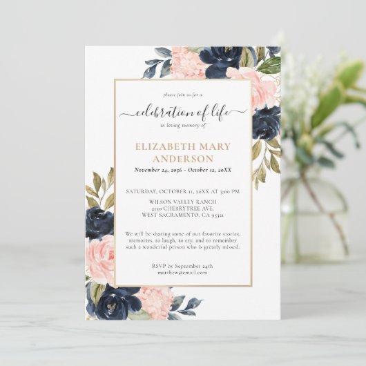 ライフお祝いメモリアルピンクネイビーブルー金ゴールド 招待状 (スタンド正面)